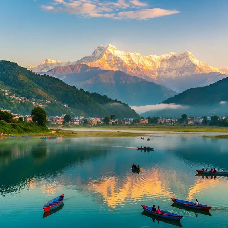 Phewa Lake with Himalayan mountain backdrop in Pokhara